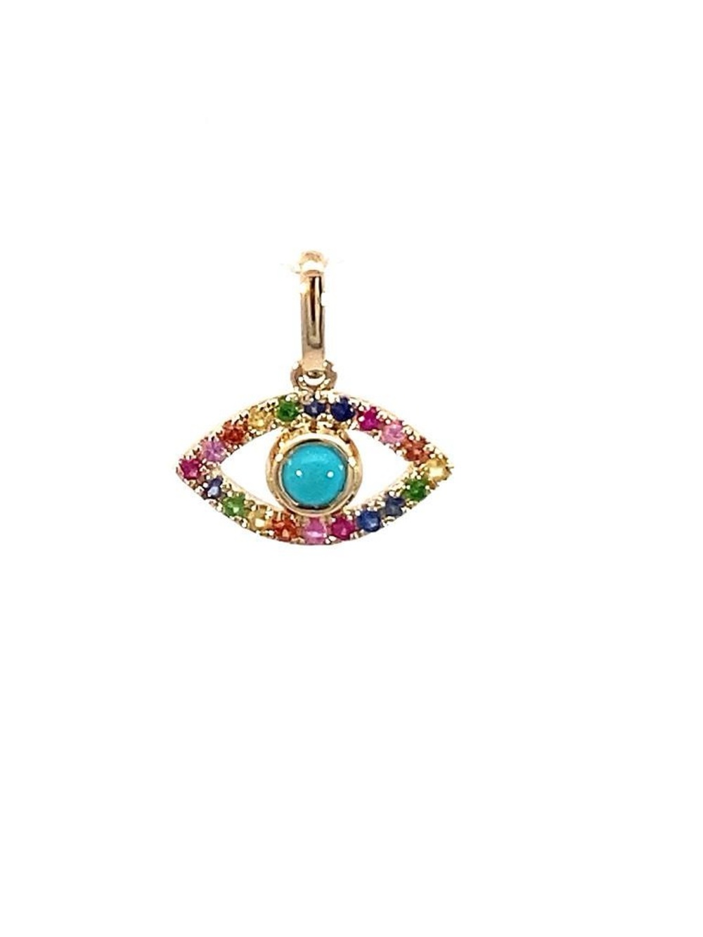 14K Real Yellow Gold Evil Eye Round Prong Multi-Gem Pendant 13X9mm